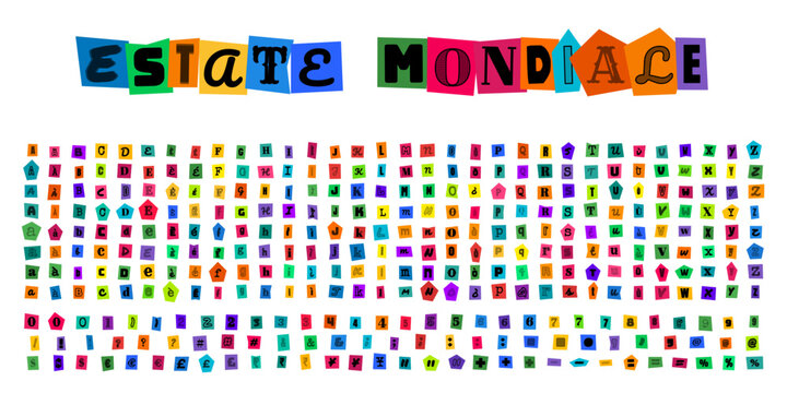 ESTATE MONDIALE, alfabeto stile lettera di riscatto con lettere ritagliate da giornali colorati, set di caratteri tipografici per design creativo