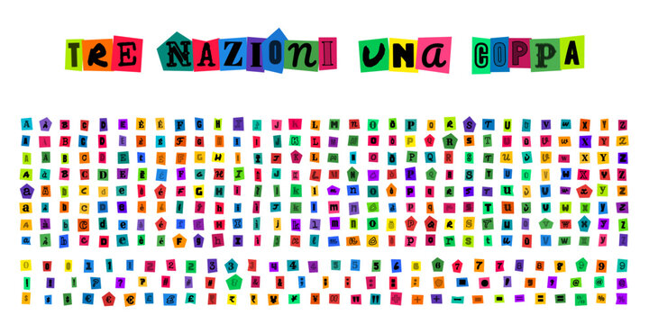 TRE NAZIONI UNA COPPA, alfabeto stile lettera di riscatto, set di lettere e numeri ritagliati da riviste per design grafico creativo