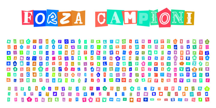 FORZA CAMPIONI alfabeto stile lettera di riscatto ritagli di giornale per design creativo poster sportivi e grafiche personalizzate
