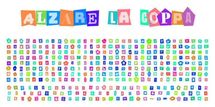 ALZARE LA COPPA scritta stile lettera di riscatto con alfabeto completo numeri e simboli per design creativo e messaggi personalizzati