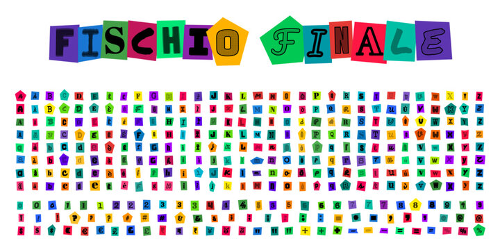FISCHIO FINALE alfabeto ritagliato stile riscatto per design creativo poster tipografia colorata e messaggi anonimi fai da te