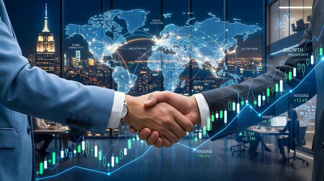 Business partnership handshake with global connectivity and financial growth