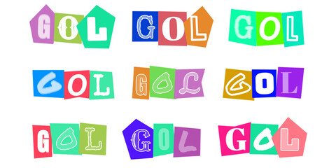 GOL scritta stile collage ransom note, scritte colorate ritagliate per design sportivo, grafica vettoriale per poster calcio e tifosi © velikiyzayats