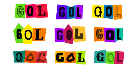 GOL scritta stile ransom note, scritte colorate per design sportivo, grafica vettoriale per poster calcio e tifosi, stile collage ritagli © velikiyzayats