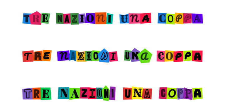 TRE NAZIONI UNA COPPA scritta stile collage lettere ritagliate per poster sportivi e grafiche di tornei internazionali di calcio