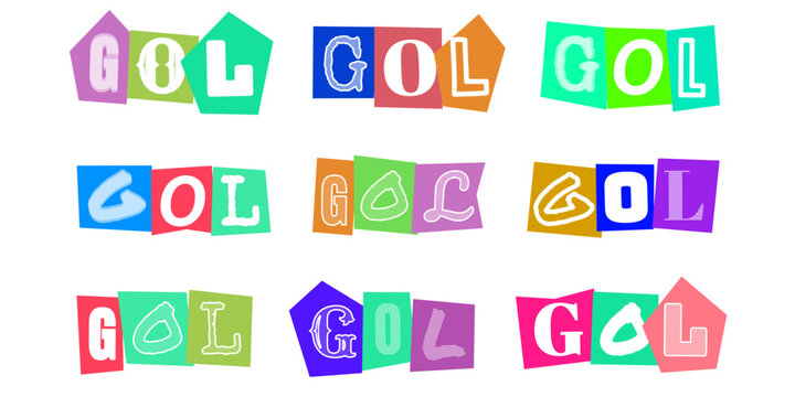 GOL scritta stile collage ransom note, scritte colorate ritagliate per design sportivo, grafica vettoriale per poster calcio e tifosi