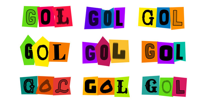 GOL scritta stile ransom note, scritte colorate per design sportivo, grafica vettoriale per poster calcio e tifosi, stile collage ritagli