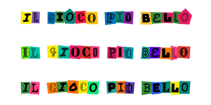 IL GIOCO PIU BELLO scritta stile collage con lettere ritagliate da giornali colorati, design grafico creativo per poster sportivi, eventi ludici o titoli di giochi