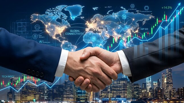 Business handshake agreement global finance partnership and technology concepts