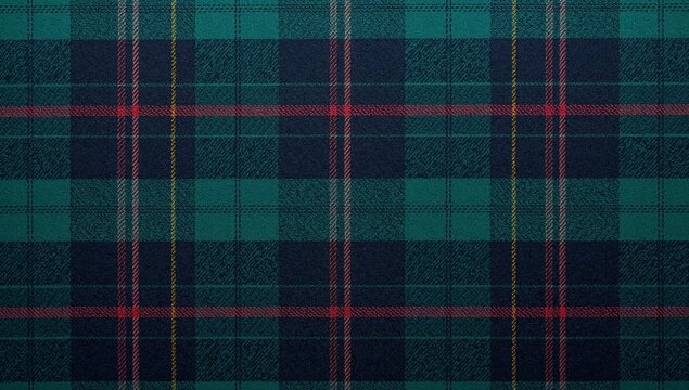 Close-up of traditional tartan fabric with detailed plaid pattern in shades of green and blue