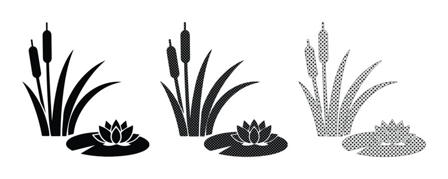 Minimalist cattail and water lily vector icons, black marsh plant silhouettes, pond vegetation set for nature landscape design and lake graphics