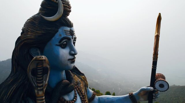 Stunning close-up drone shot of the Pumdikot Lord Shiva statue's face and upper body, showing the crescent moon in his hair, sacred cobra serpent, prayer beads, and damaru drum against the misty Pokha