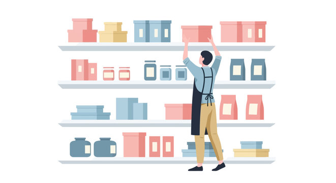 Man stocking shelves in a grocery store aisle.