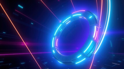 Fototapeta premium Neon rings, vibrant lines create futuristic tunnel. Dark background emphasizes glowing elements, digital aesthetic.