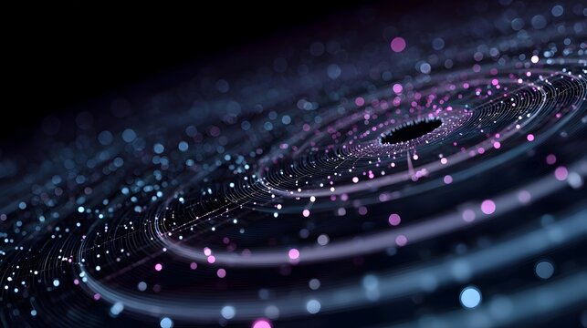 Closeup of Big Data complex round graph background. Quantum computing universe. Cyber space of AI technology. Futuristic graph. Digital qubit information presentation. Stock Illustration