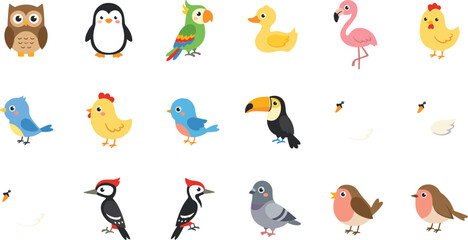 Fototapeta premium Cute Cartoon Bird Collection Featuring Owl Penguin Flamingo Toucan Duck and Chicken Characters in Flat Vector Illustration Design Set