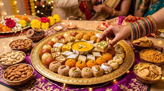 Festive Indian Sweets Platter Vector Illustration, Traditional Diwali Mithai Thali with Kaju Katli, Laddu, and Peda, Celebration Banner Graphic for Raksha Bandhan and Holi