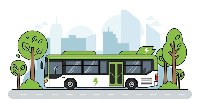 Modern electric bus driving through a green city street.