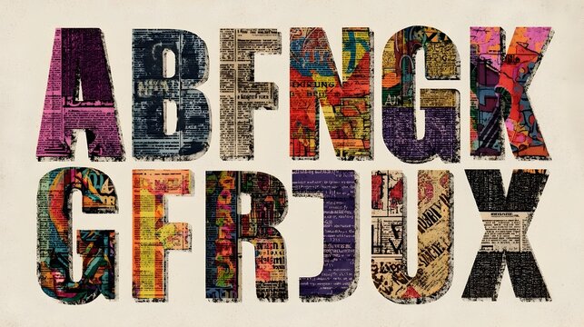 Colorful collage font, vintage newspaper cutout alphabet for ransom note. Grunge paper cut out letters and numbers, anonymous letter style typeface with hand drawn doodle elements vector