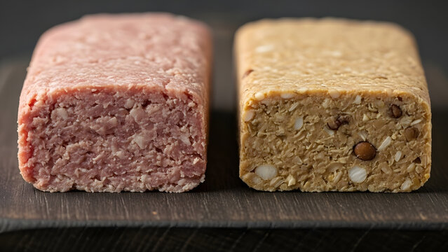 Close up comparison of raw ground meat and vegan grain protein block on a dark wooden board. Front view