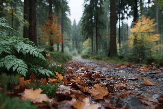 A path through a colorful autumn forest with trees and nature all around