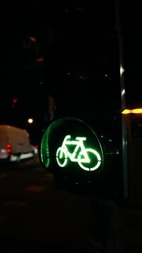 Urban Night With The Green Semaphor Close Up