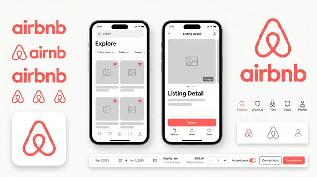 Airbnb Mobile App UI UX Interface Mockup Set - Realistic Smartphone Displaying Explore and Listing Detail Pages - Brand Logo wordmark and App Icons for Travel Vacation Rental Web Digital Platform