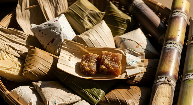 close-up of raw unrefined jaggery cane sugar blocks on wooden surface with dry banana leaves packages