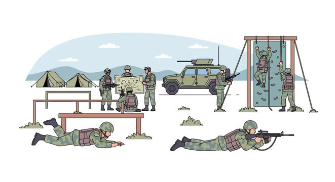 Military Training Exercise with Soldiers and Obstacles.