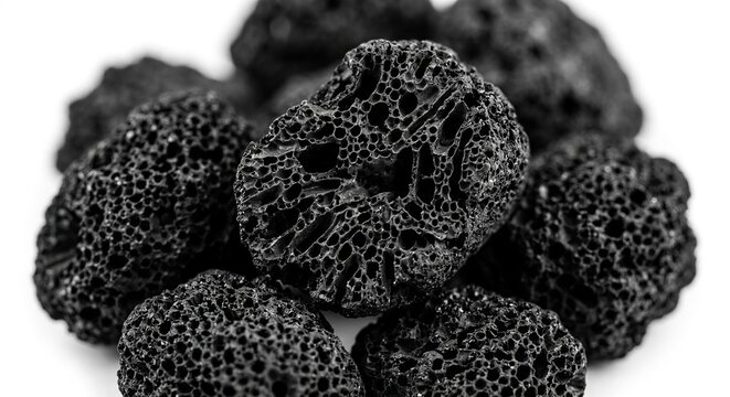 Close Up Shot of Black Volcanic Lava Rocks on White Background
