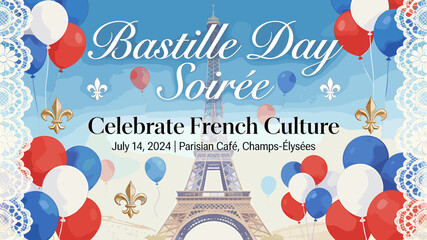 A festive Bastille Day Soirée invitation with the Eiffel Tower, French flag colors, balloons, and lace, celebrating French culture. © nebo