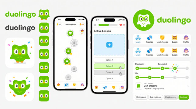 Language Learning App Interface Mockup Kit - Duolingo Style Branding Vector Set with Owl Logo, Mobile Smartphone Screens, Navigation Icons, Progress Bars, Buttons and Gamification UI Design Icons.