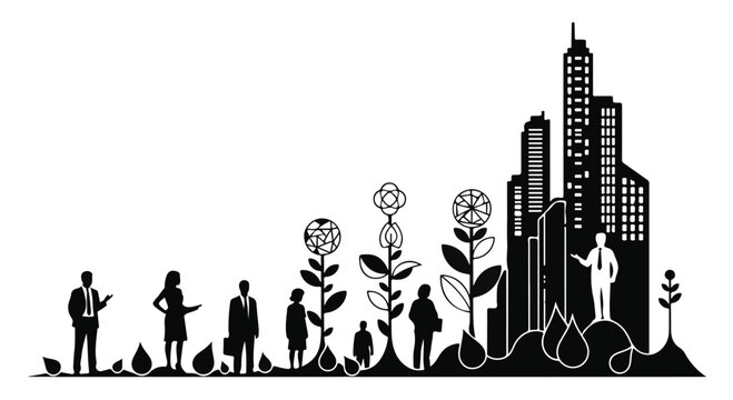 Silhouettes of people growing alongside plants, leading to a thriving cityscape symbolizing growth and development.