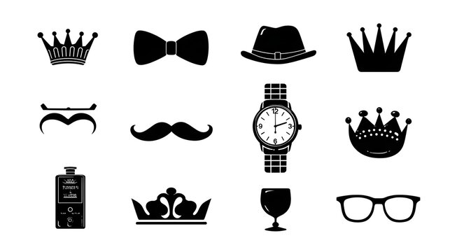 Father&rsquo;s Day vector illustration elements set &ndash; silhouette of bow tie, mustache, hat, crown, watch, glass icons for dad clipart design, isolated on white background Stock Vector