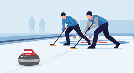 Obraz premium Curling team sliding stone on ice rink in winter