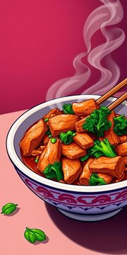 Vector illustration of a steaming bowl of Pad Kana Moo Krob, crispy pork with kale,  graphic design,  delicious