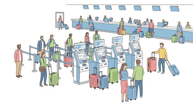 People with luggage at airport check-in kiosks.