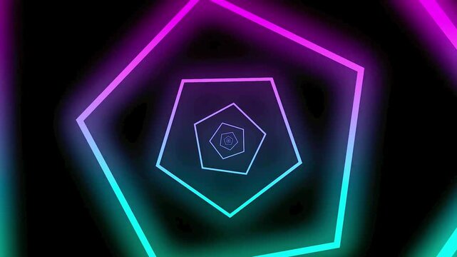 Seamless looping motion graphic of colorful glowing pentagons zooming through dark digital space.
