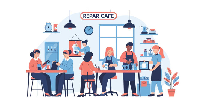People gathered at a repair cafe fixing items together.