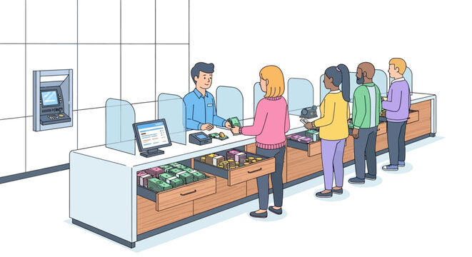 People queuing at a bank counter for transactions.
