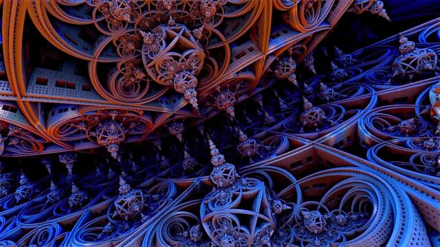 Hypnotic abstract digital fractal art loop with endless complex mechanical details, perfect for sci-fi backdrops, VJ screens, and tech concepts.
