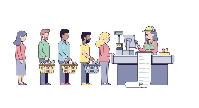 People queuing at supermarket checkout counter illustration.