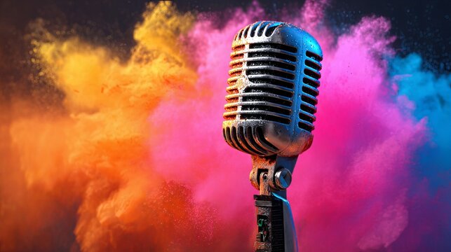 A vintage microphone stands out against a vibrant colorful smoke background