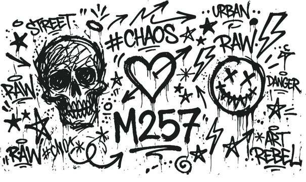 Urban street art graffiti with skull and smiley face
