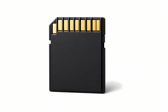 Standard black secure digital memory card isolated directly on a pure white background. High resolution product photograph perfect for digital storage themes.