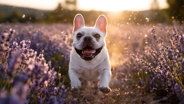 Happy white bulldog franc&eacute;s running in lavender field at sunset