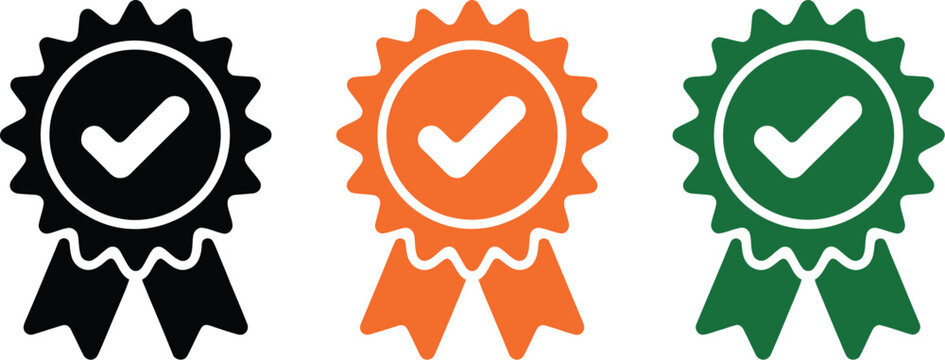 Premium quality seal icon set, certified award medals and checkmark trust badges for product verification brand credibility and customer assurance design.