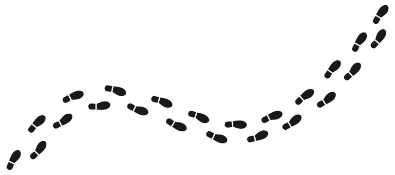 Human footprint in curvy track line. Shoeprint, trace, sole, trail and step symbol. Transparent vector and PNG