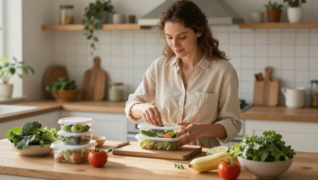Woman prepares healthy meal in bright kitchen. She focuses on filling containers with fresh vegetables. Wooden counter holds ripe tomatoes and leafy greens. Natural light highlights clean