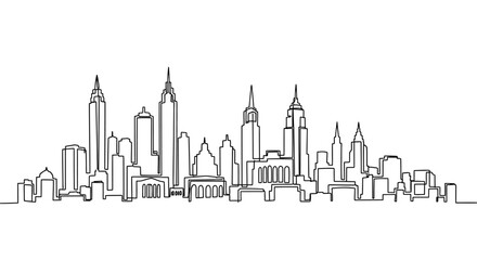 Fototapeta premium Minimalist Skyline Drawing: Cityscape Silhouette, Linear Art, White Background